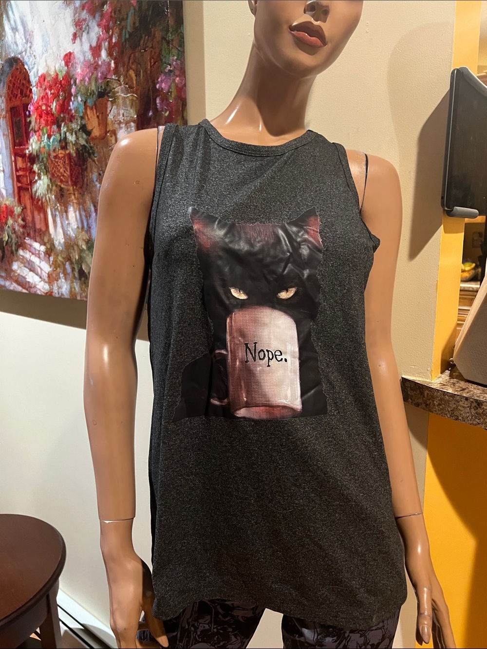 Black charcoal gray Tank Top S with black Cat drinking coffee “Nope.' Mug nwot